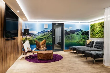 Chalet Mozart entertainment lounge with premium seating fractional chalet Austria